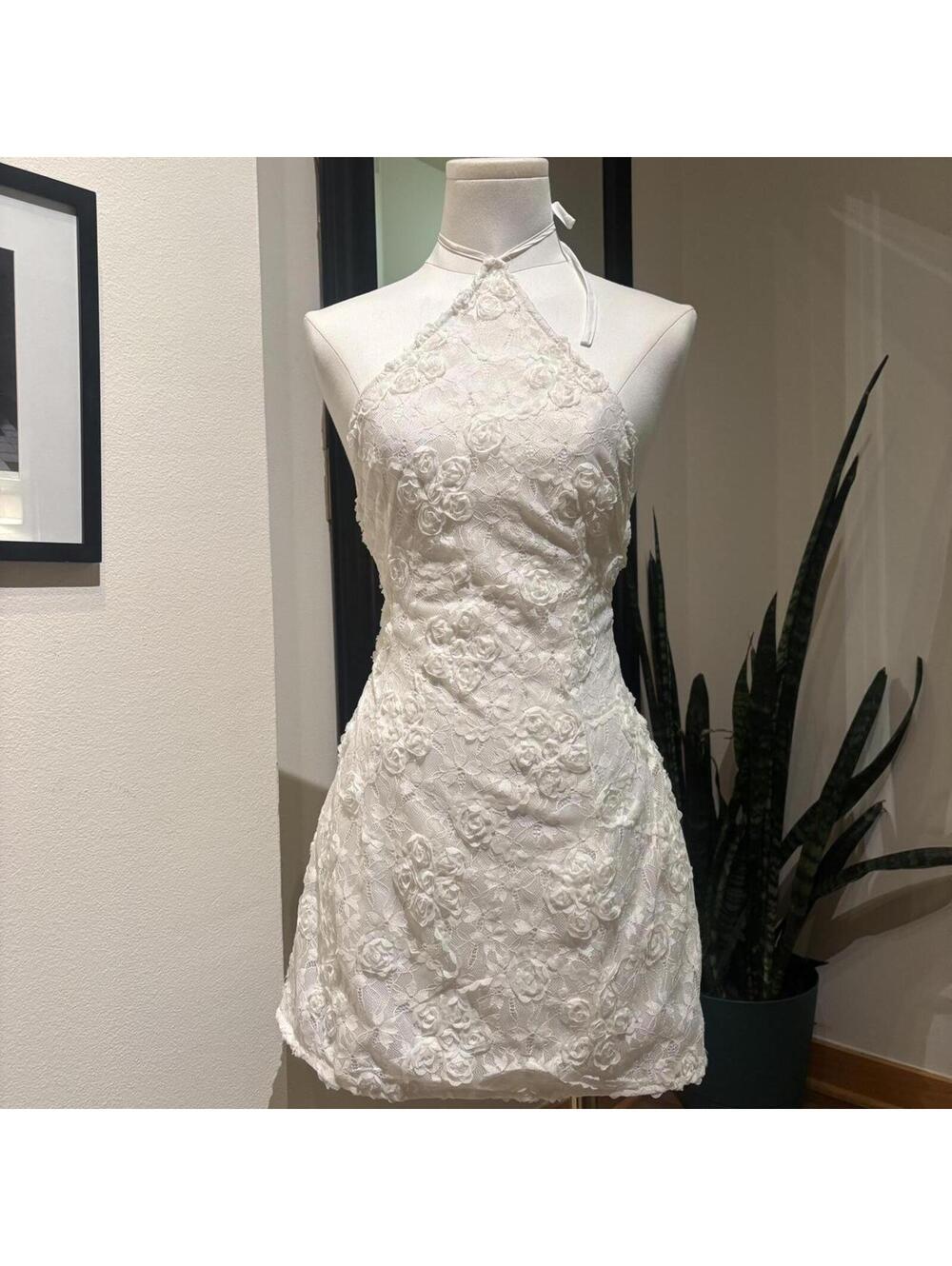 EGO White Floral Lace Halter Mini Dress Coquette Bridal Fairycore US 4